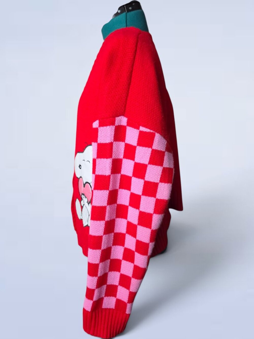 Snoopy Peanuts Valentines Day Red Checker Heart Knit Button Cardigan - Large - Picture 2 of 7